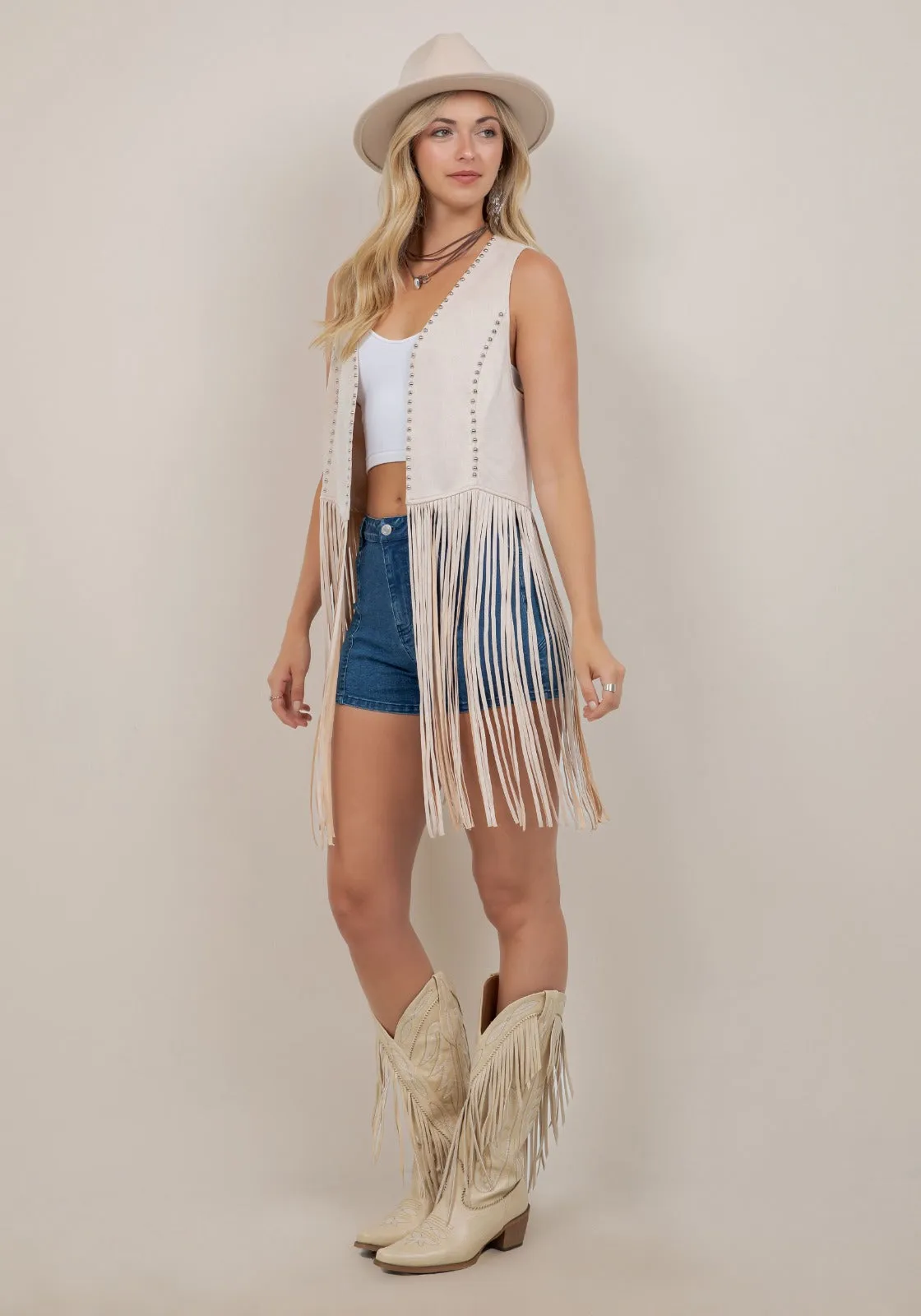 "Shania" Studded Suede Fringe Vest Shawl in Cream sold by Glitzy Bella product image thumbnail 5