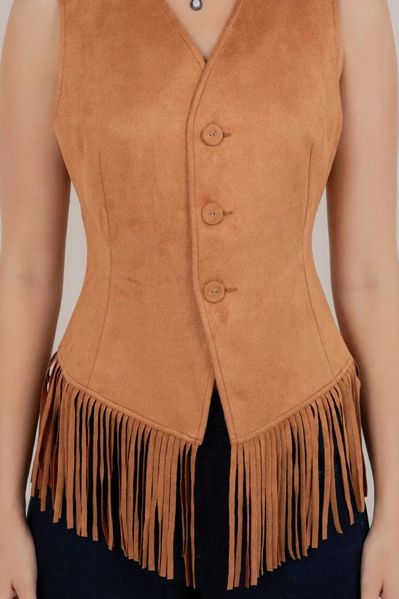Fringe Suede Vest in Camel sold by Glitzy Bella