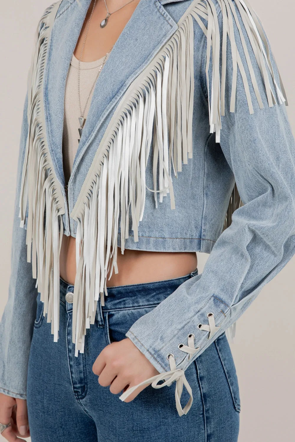 "Aspen" Cropped Fringe Denim Jacket in Light Wash sold by Glitzy Bella product image thumbnail 2