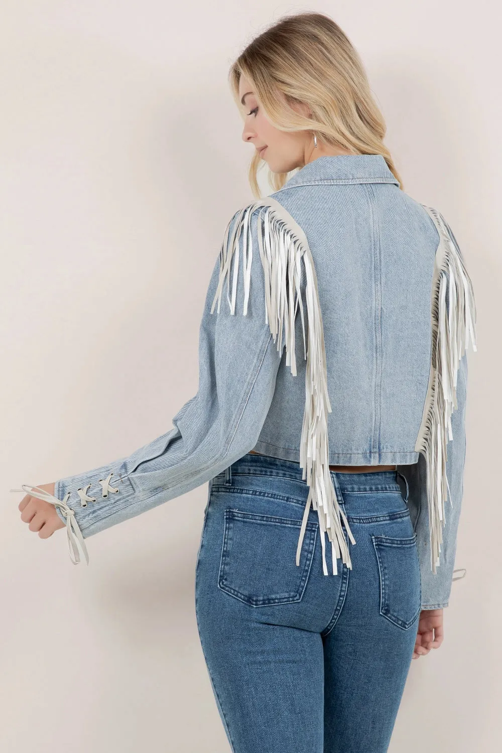 "Aspen" Cropped Fringe Denim Jacket in Light Wash sold by Glitzy Bella product image thumbnail 3