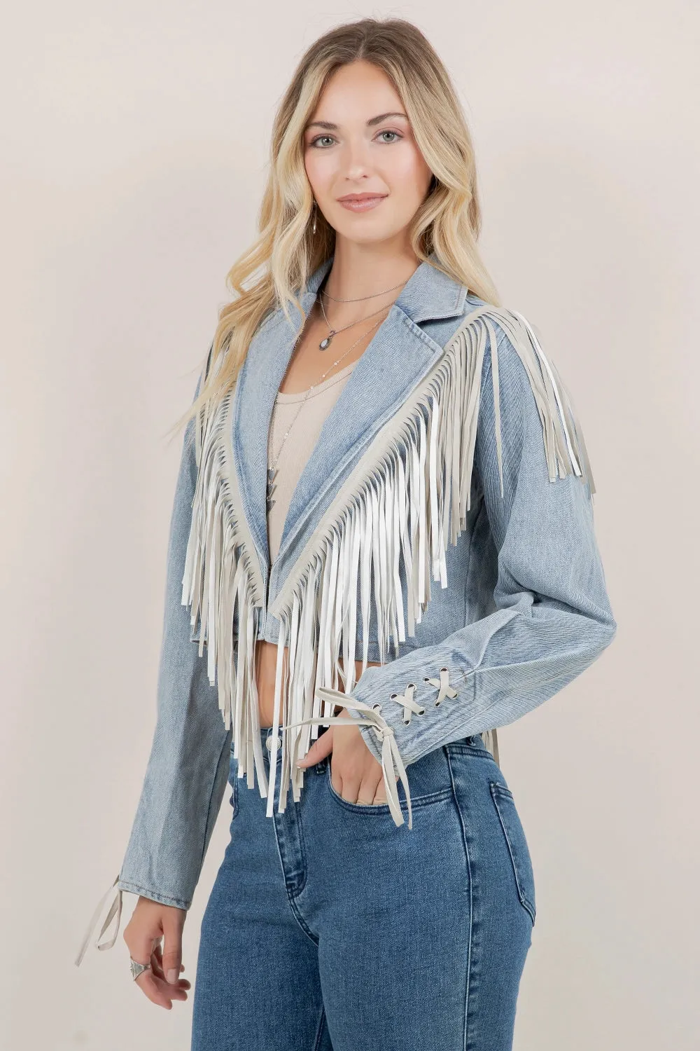 "Aspen" Cropped Fringe Denim Jacket in Light Wash sold by Glitzy Bella product image thumbnail 4