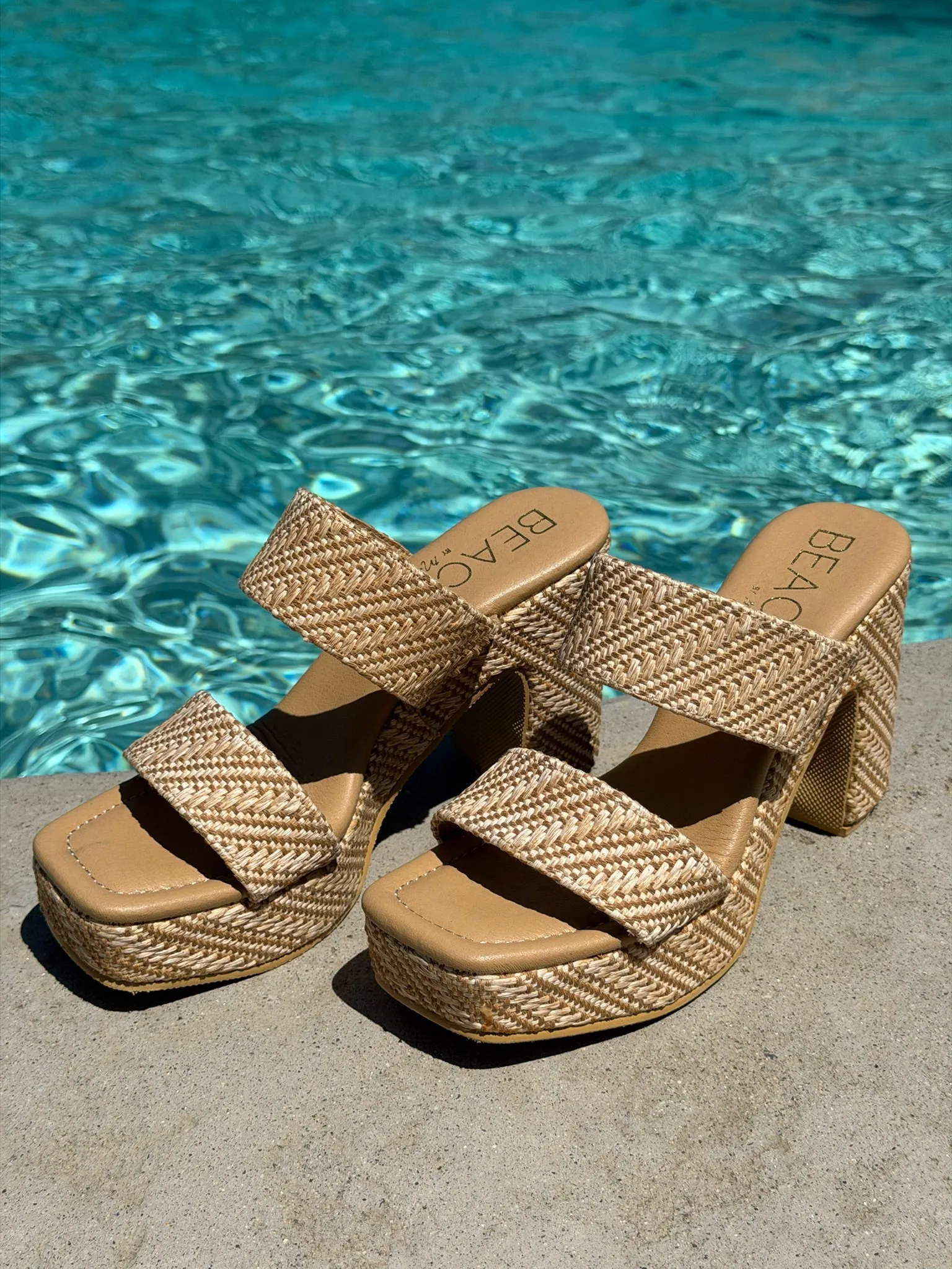 Gem Platform Heel in Nude Raffia sold by Glitzy Bella
