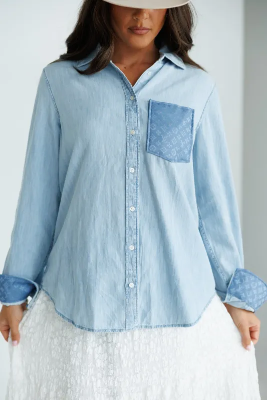 Designer Repurposed Denim Shirt w/ Designer Light Blue Scarf made by Glitzy Bella