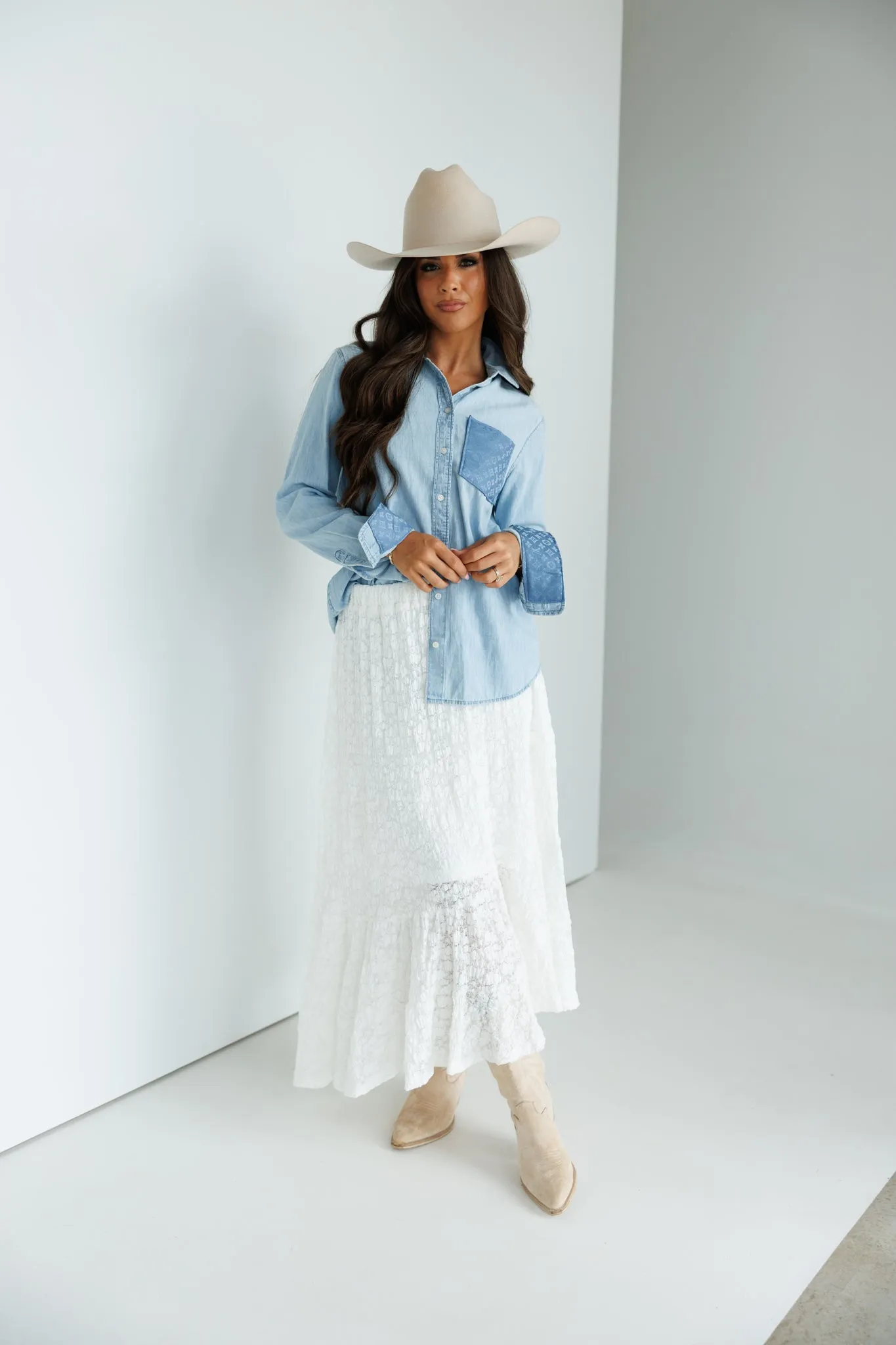 Designer Repurposed Denim Shirt w/ Designer Light Blue Scarf sold by Glitzy Bella product image thumbnail 4