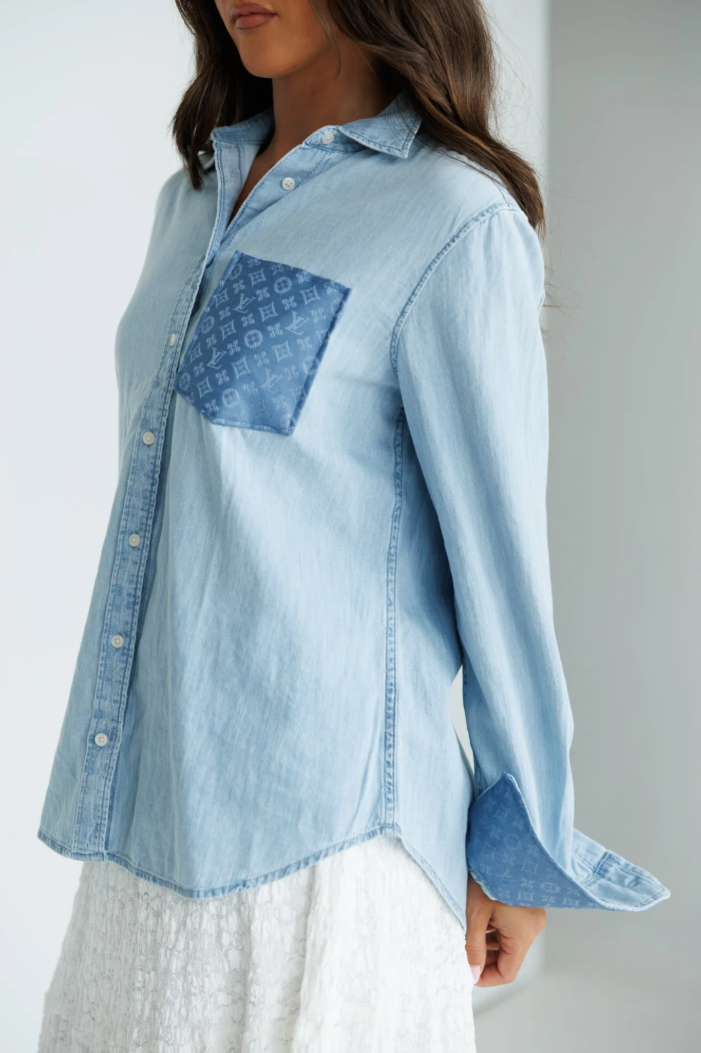 Designer Repurposed Denim Shirt w/ Designer Light Blue Scarf sold by Glitzy Bella product image thumbnail 3