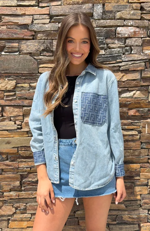Designer Repurposed Denim Shacket w/ Designer Blue Scarf made by Glitzy Bella