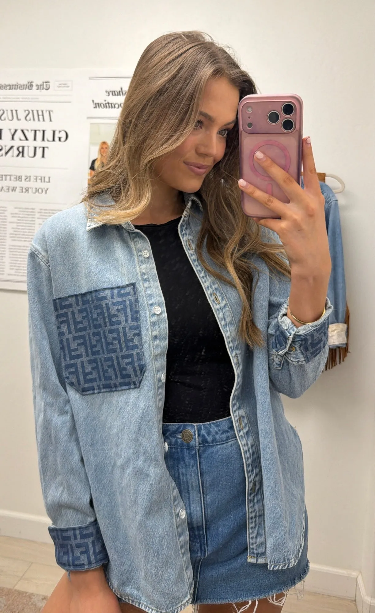 Designer Repurposed Denim Shacket w/ Designer Blue Scarf sold by Glitzy Bella product image thumbnail 2