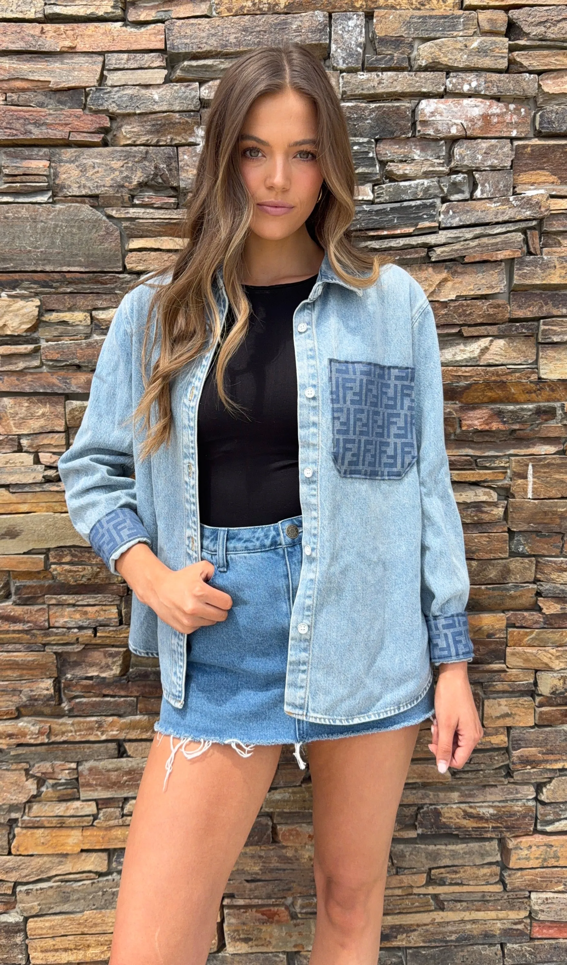 Designer Repurposed Denim Shacket w/ Designer Blue Scarf sold by Glitzy Bella product image thumbnail 4