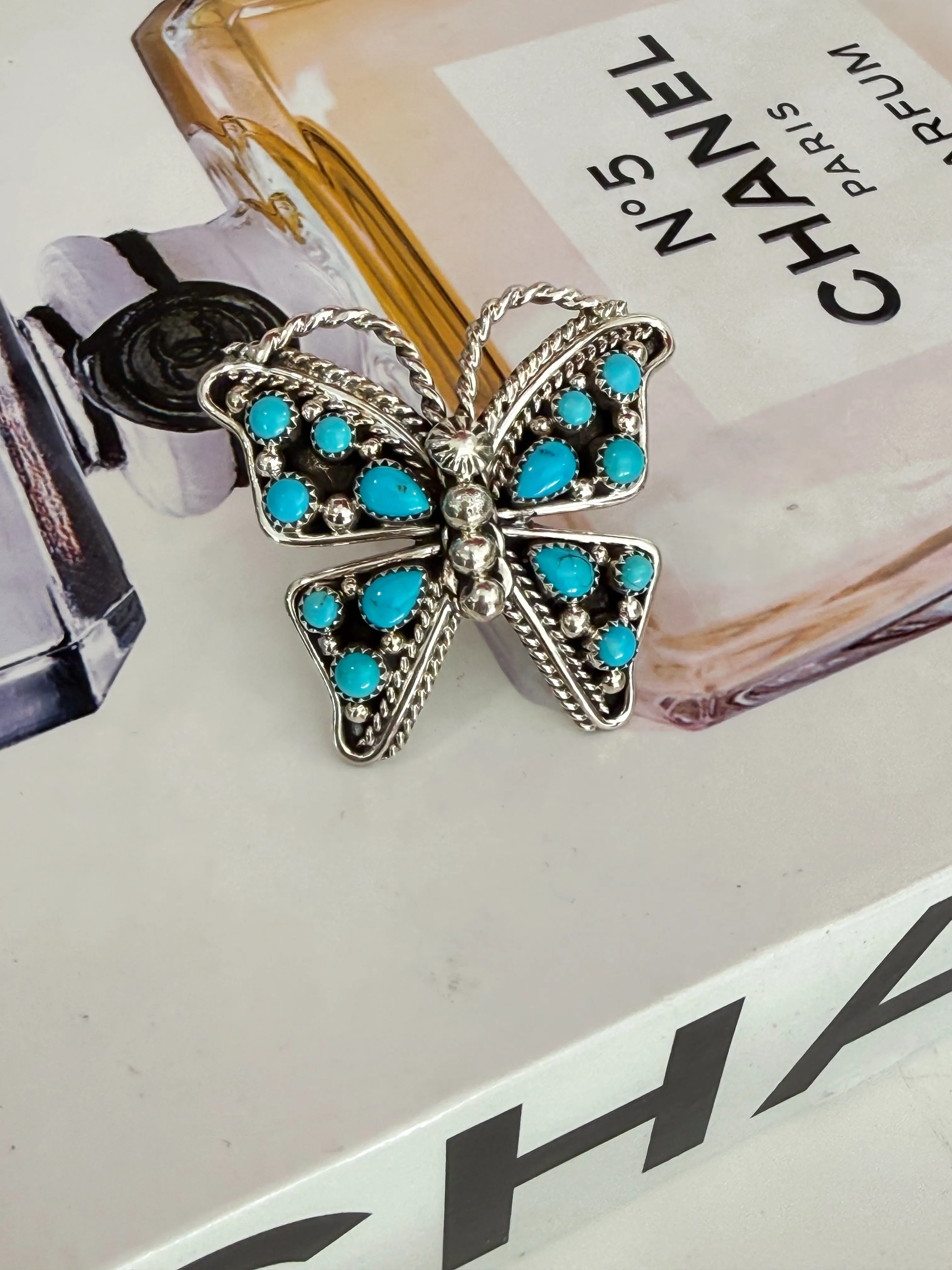 Butterfly Kingman Turquoise Adjustable Ring sold by Glitzy Bella