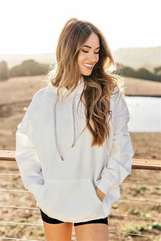 BEST SELLER!! Crystal Drawstring Sweatshirt in White sold by Glitzy Bella