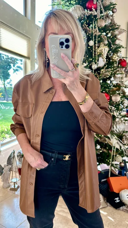 NEW!! The Kenzie Faux Leather Shacket in Camel sold by Glitzy Bella