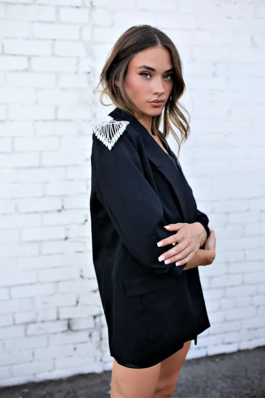 GB ORIGINAL!! Top Notch Black Boyfriend Blazer w/ Rhinestone Embellishment sold by Glitzy Bella