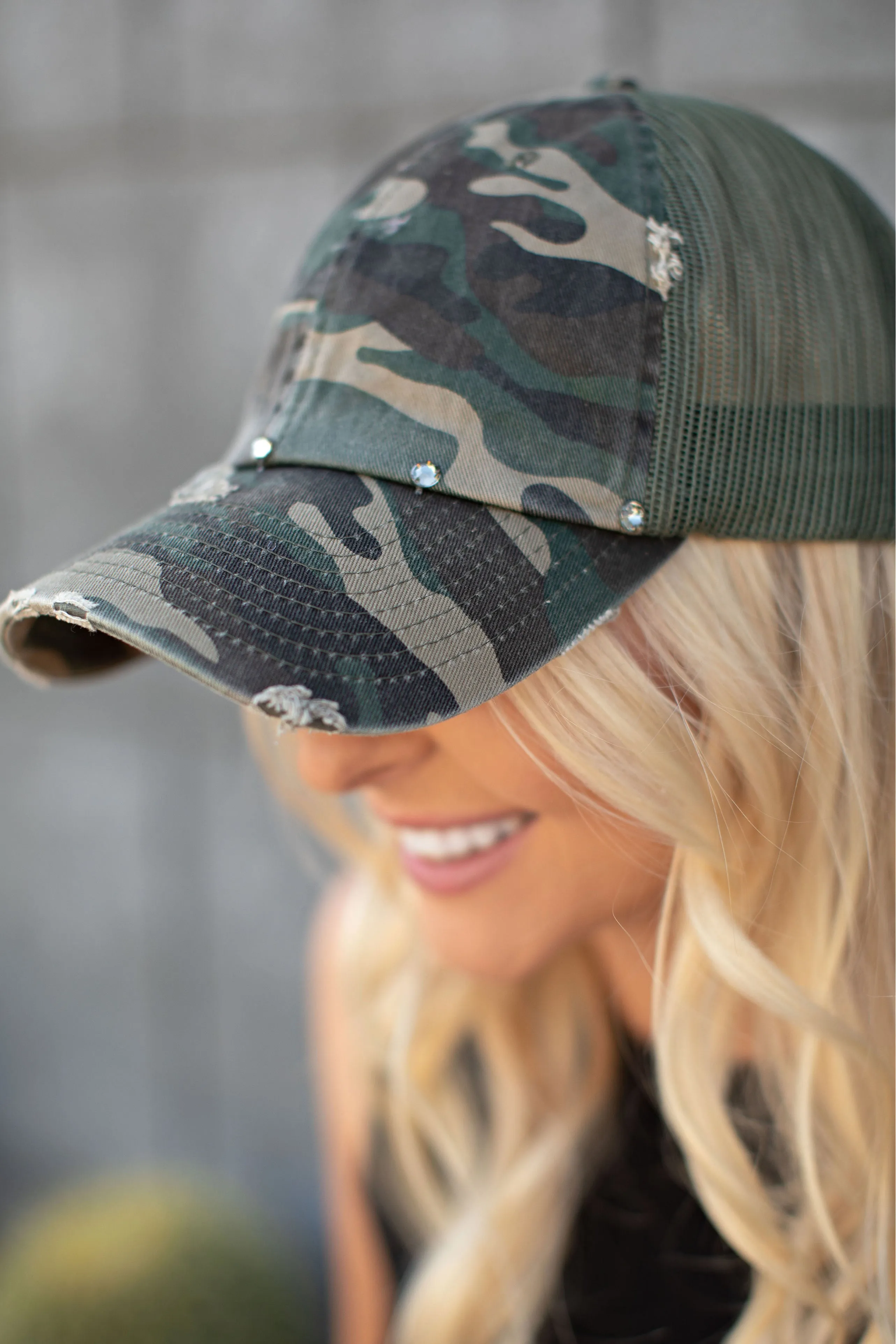 Camouflage Vintage Distressed Ball Cap sold by Glitzy Bella