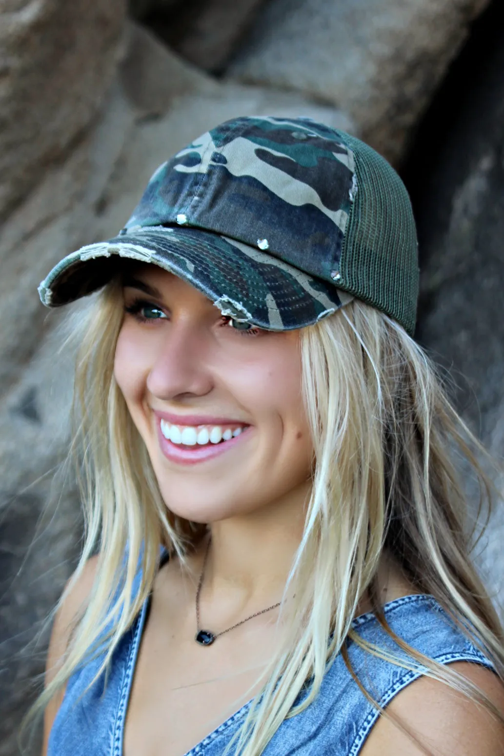 Camouflage Vintage Distressed Ball Cap sold by Glitzy Bella product image thumbnail 3