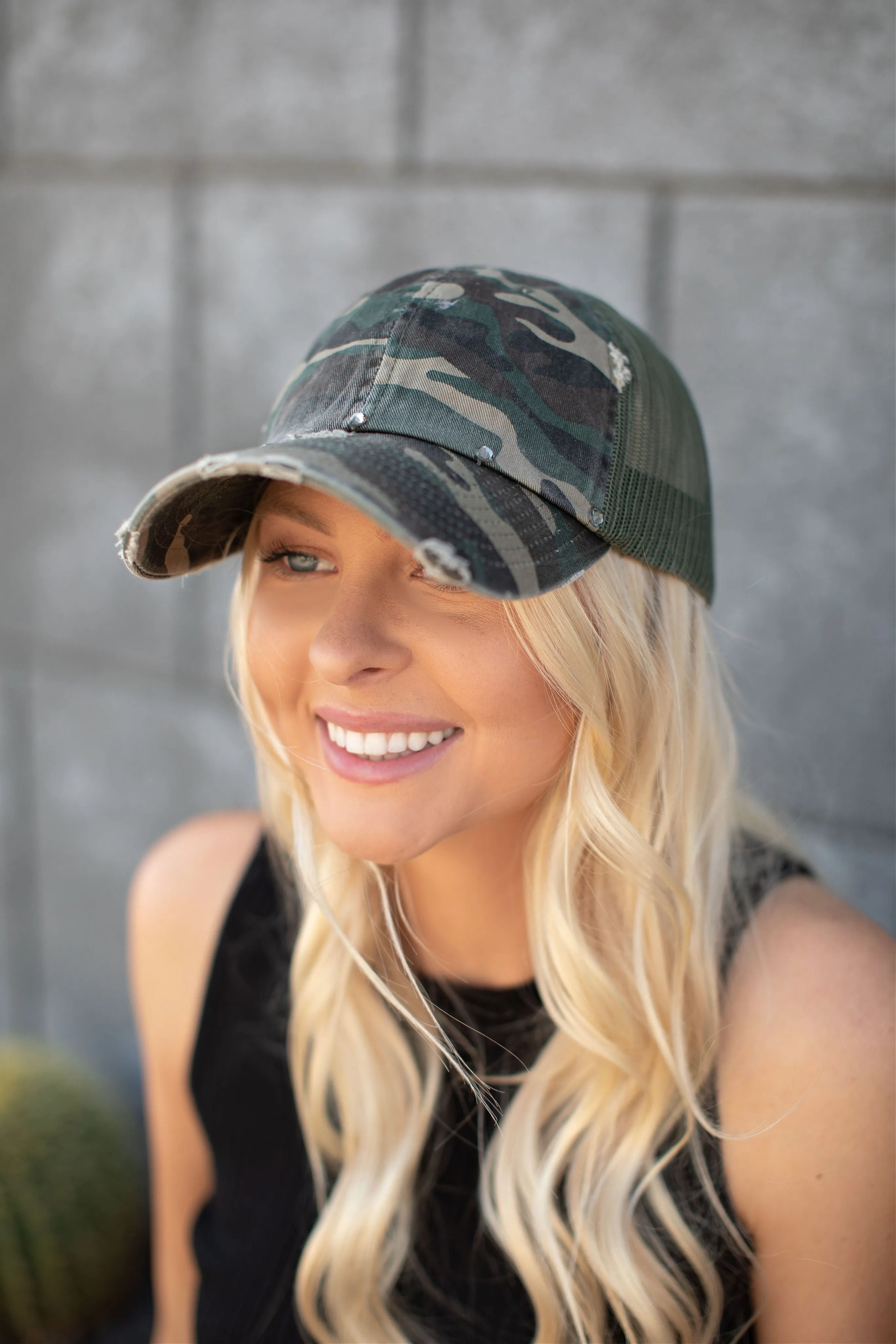 Camouflage Vintage Distressed Ball Cap sold by Glitzy Bella product image thumbnail 4