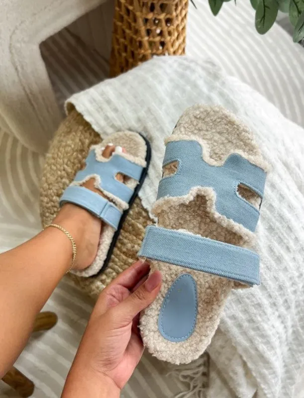Teddy Velcro Slides in Denim sold by Glitzy Bella