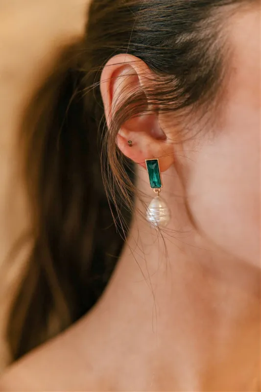 NEW!! 18k Gold Plated Emerald & Pearl Drop Earrings sold by Glitzy Bella