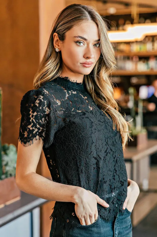 NEW! Lace Mock Neck Top in Black sold by Glitzy Bella