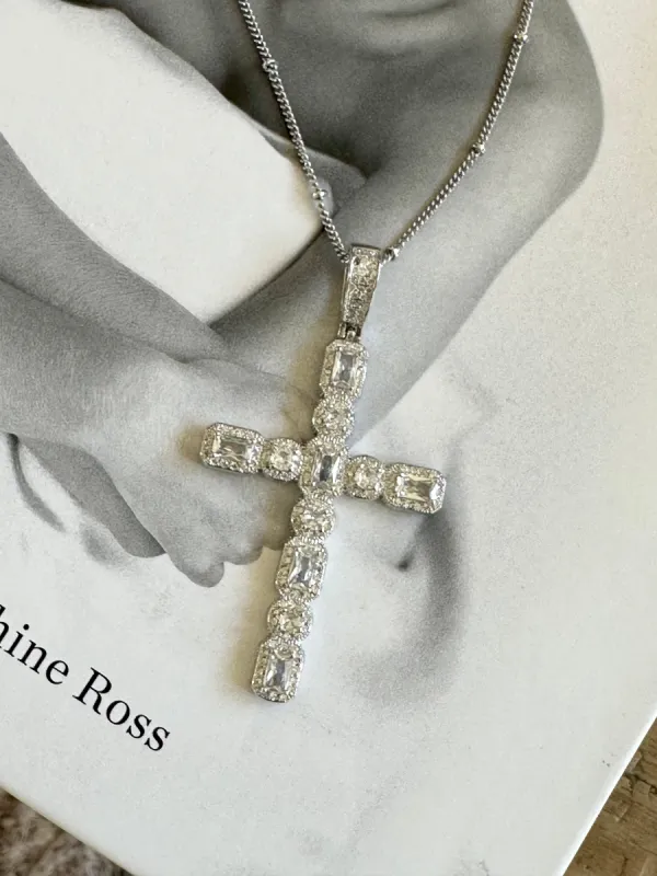 18K White Gold Filled Cross Pendant Necklace sold by Glitzy Bella