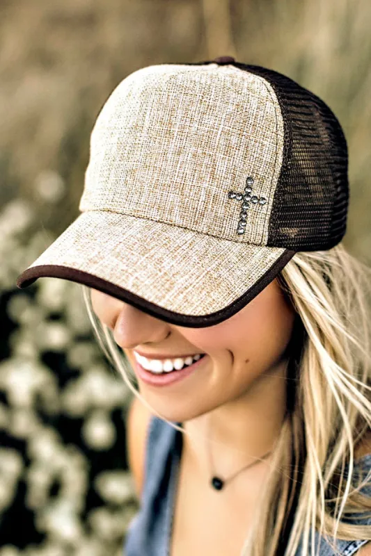 Linen and Mesh Cross Ball Cap sold by Glitzy Bella