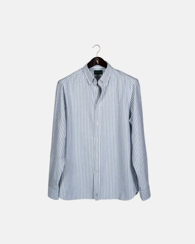 Wide Stripe Navy Oxford Shirt sold by Le Alfre