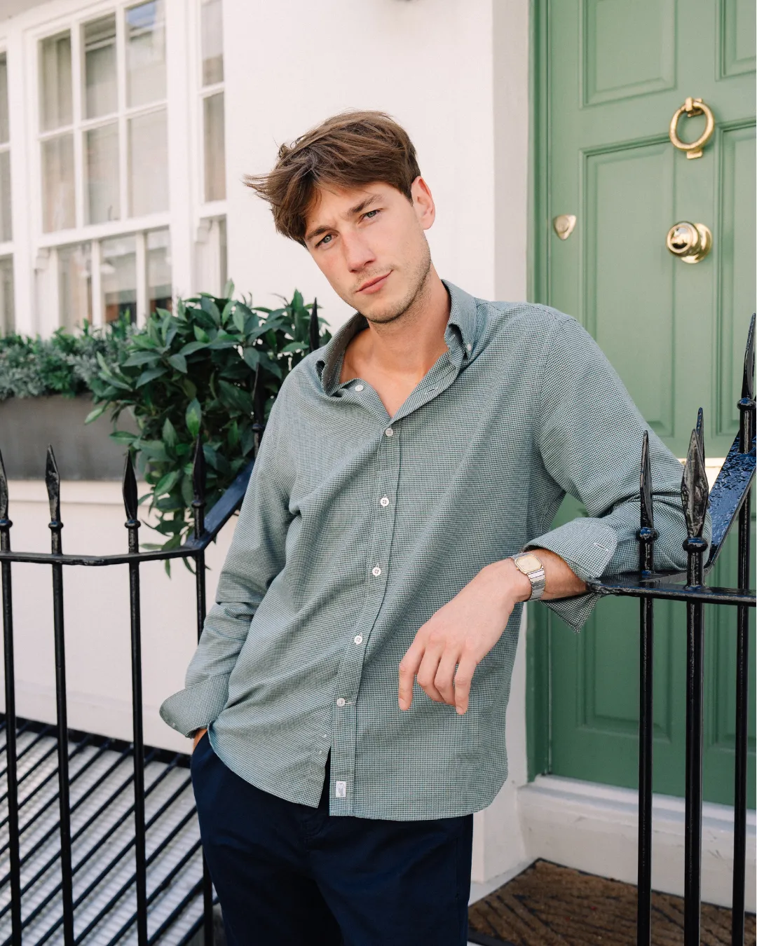 Brushed Cotton Hunter Green Houndstooth Shirt sold by Le Alfre product image thumbnail 3