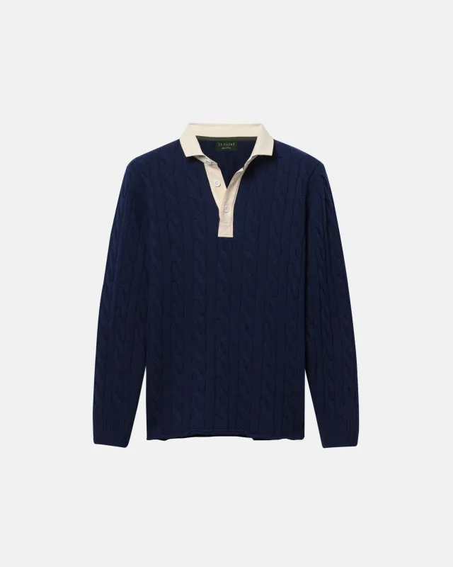Navy Cotton Cable Knit Rugby sold by Le Alfre