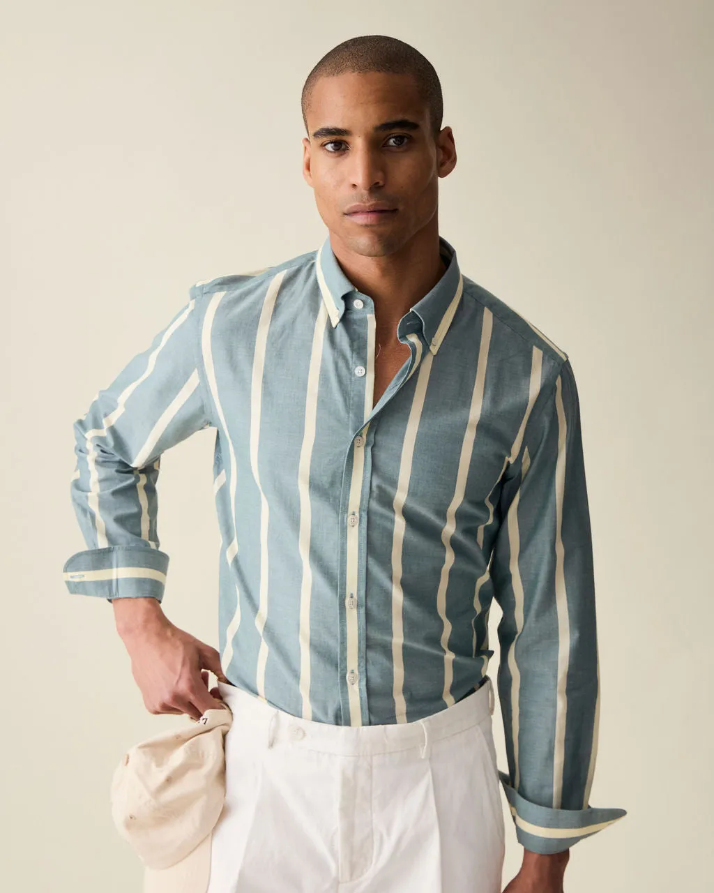 Heritage Olive Wide Stripe Summer Chambray Shirt sold by Le Alfre product image thumbnail 5
