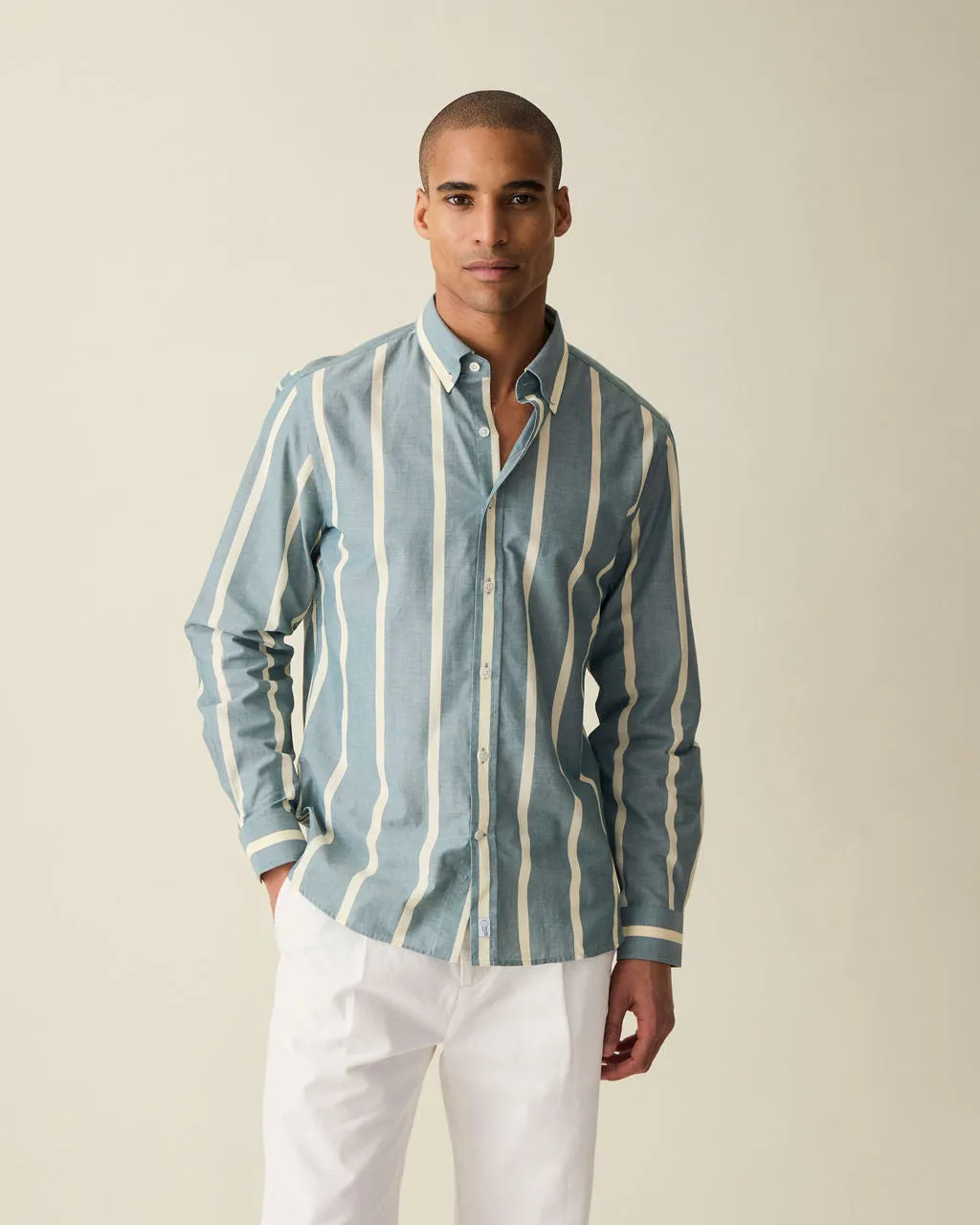 Heritage Olive Wide Stripe Summer Chambray Shirt sold by Le Alfre product image thumbnail 3
