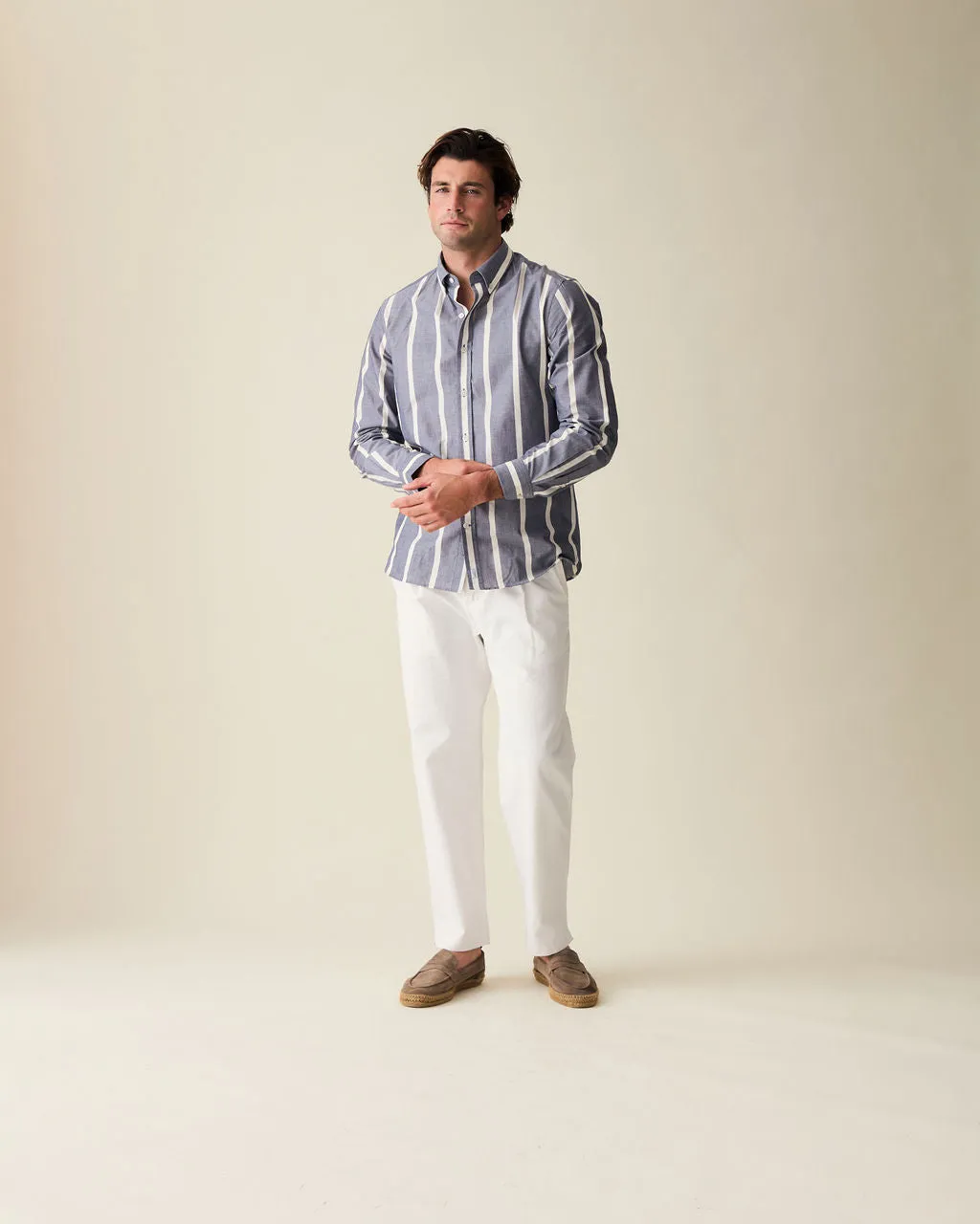 Navy Wide Stripe Summer Chambray Shirt sold by Le Alfre product image thumbnail 2