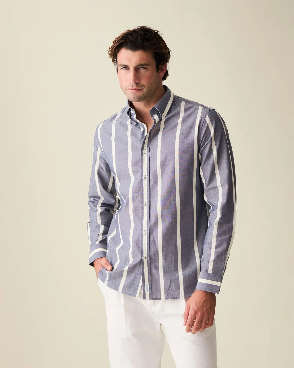 Navy Wide Stripe Summer Chambray Shirt sold by Le Alfre product image thumbnail 3