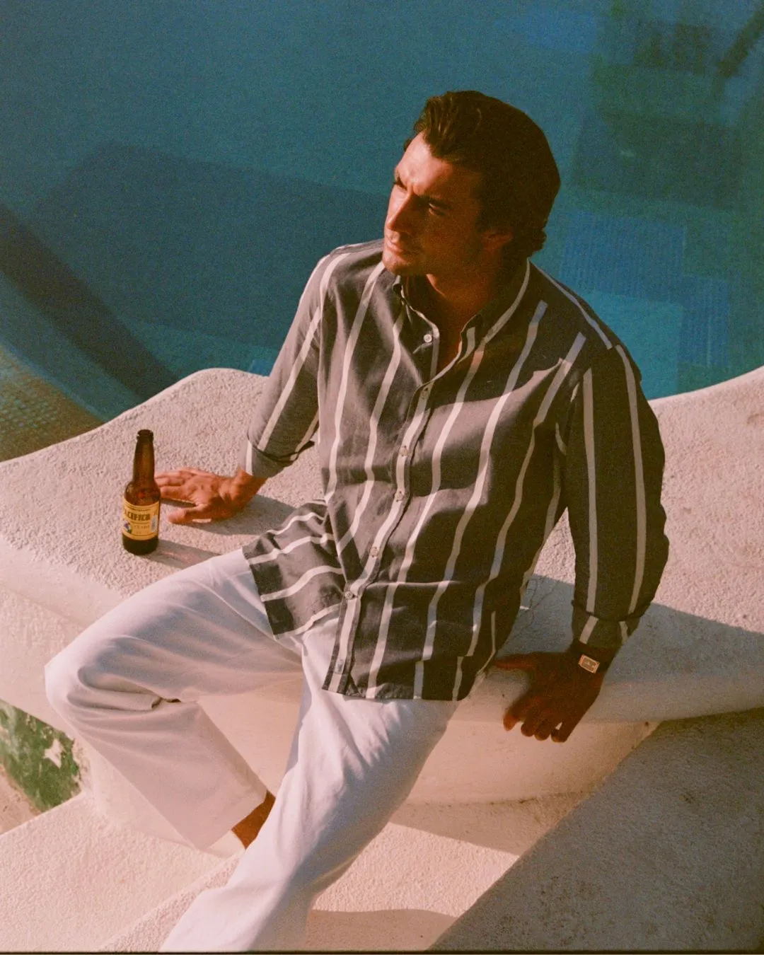 Navy Wide Stripe Summer Chambray Shirt sold by Le Alfre product image thumbnail 5