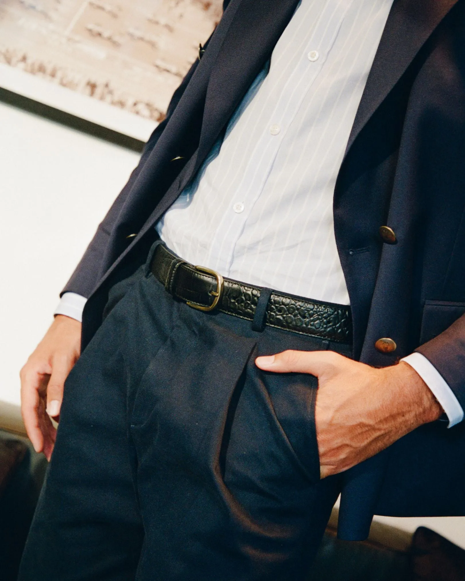 Black Crocodile Embossed Leather Belt sold by Le Alfre product image thumbnail 5