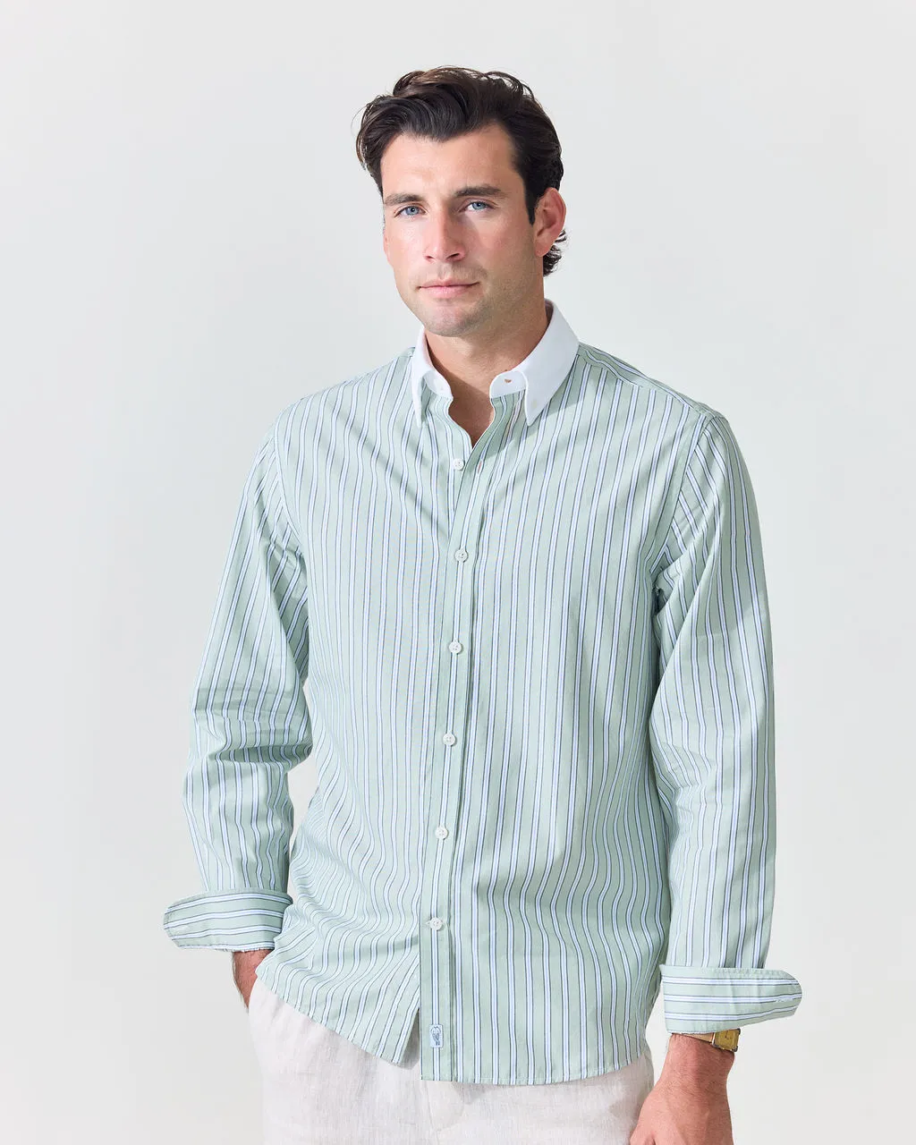 Pistachio Stripe Contrast Collar Shirt (SS26) sold by Le Alfre product image thumbnail 2