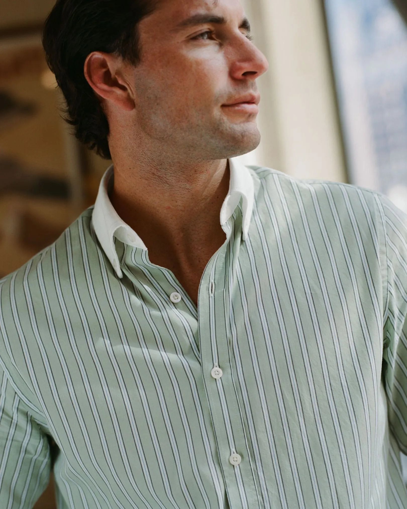 Pistachio Stripe Contrast Collar Shirt (SS26) sold by Le Alfre product image thumbnail 5