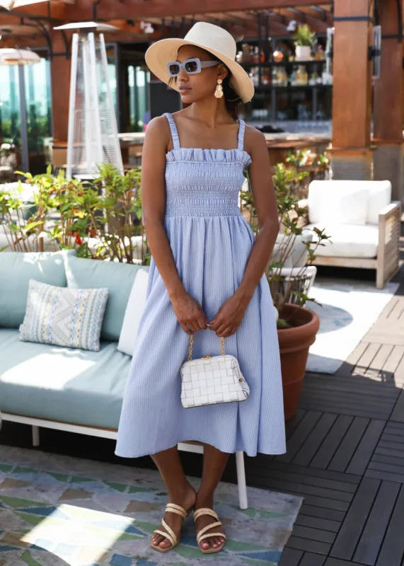 Ashley Smocked Dress Oxford Blue Seersucker sold by Abbey Glass