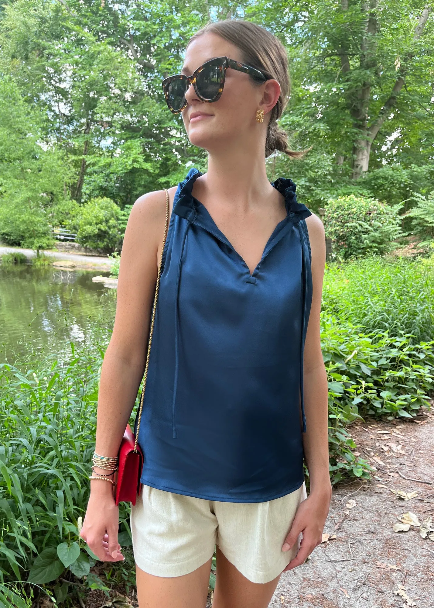 Gillian Ruffle Neck Top Navy Satin sold by Abbey Glass product image thumbnail 3