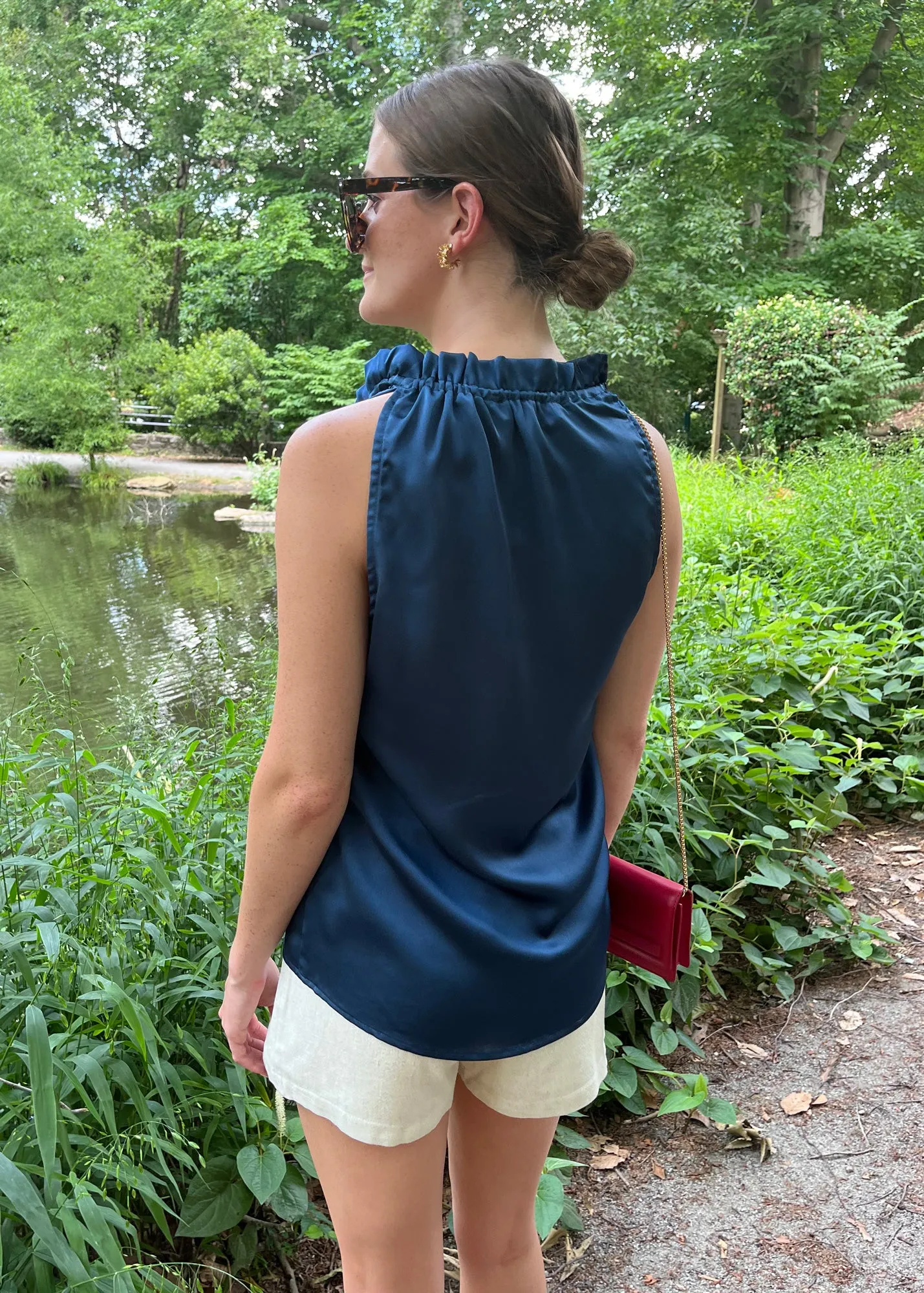 Gillian Ruffle Neck Top Navy Satin sold by Abbey Glass product image thumbnail 2