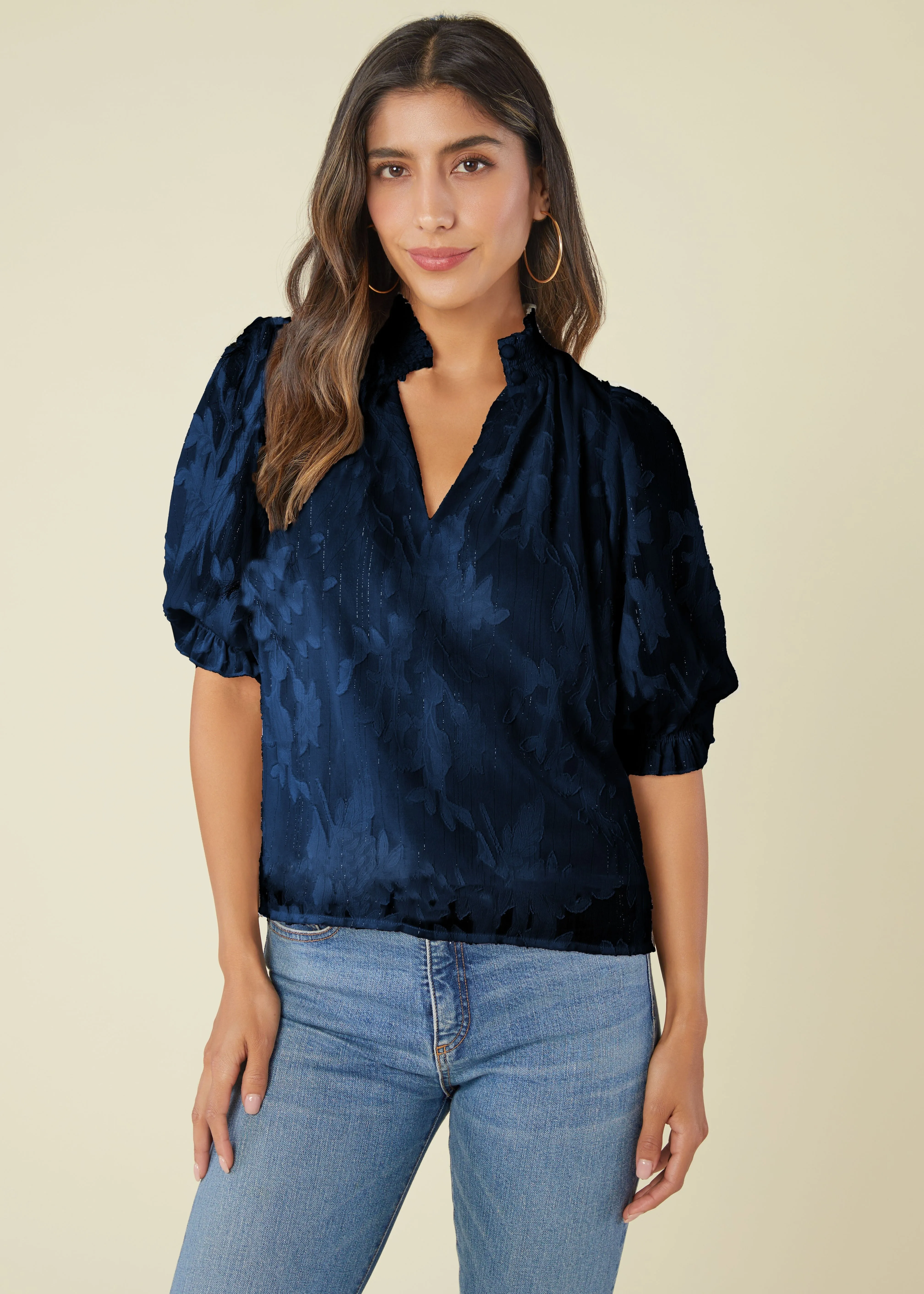 Bennett Top Navy Burnout Chiffon sold by Abbey Glass