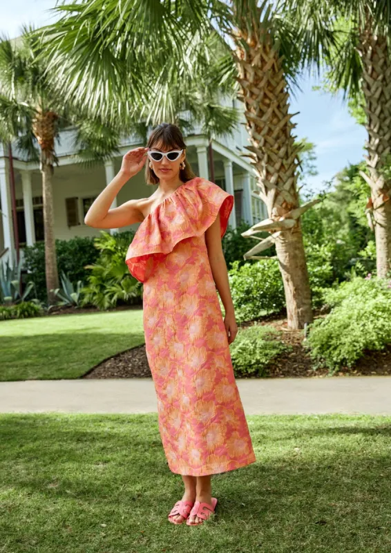 Sutton Dress Hot Coral Paradise Jacquard sold by Abbey Glass