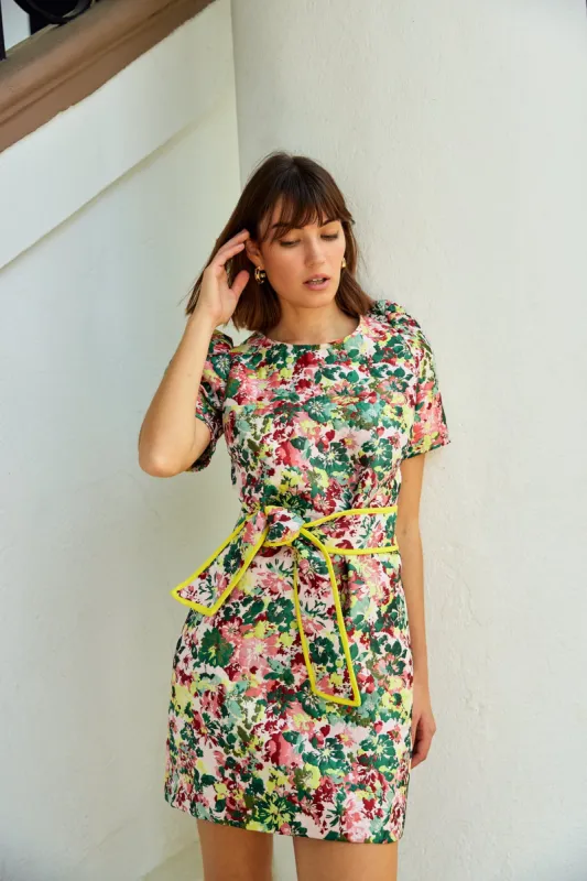 Marty Dress Red Multi Abstract Floral Jacquard sold by Abbey Glass