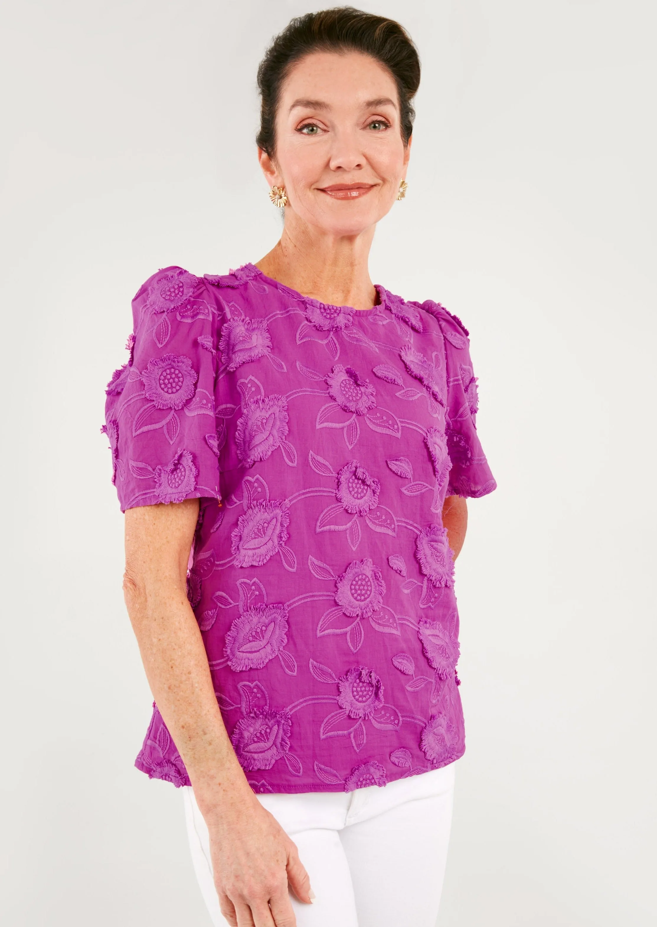 Marty Top Camellia 3-D Floral Cotton sold by Abbey Glass