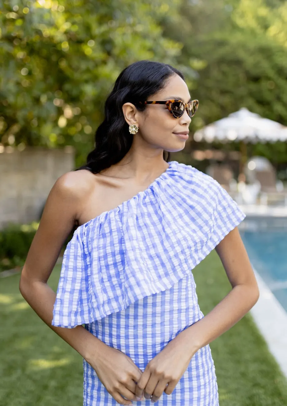 Sutton One-Shoulder Dress Gingham Cornflower Blue sold by Abbey Glass product image thumbnail 2