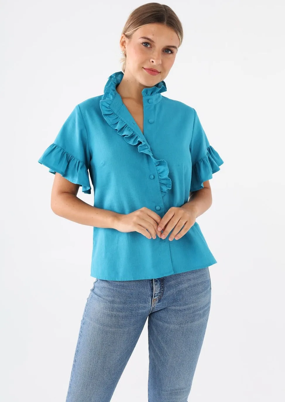 Sadie Top Coastal Blue Linen sold by Abbey Glass
