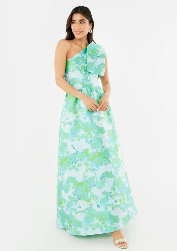 Caroline Gown Green Abstract Brocade sold by Abbey Glass