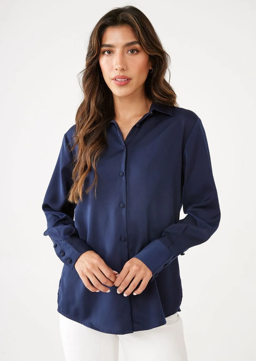 Nora Navy Satin Blouse sold by Abbey Glass