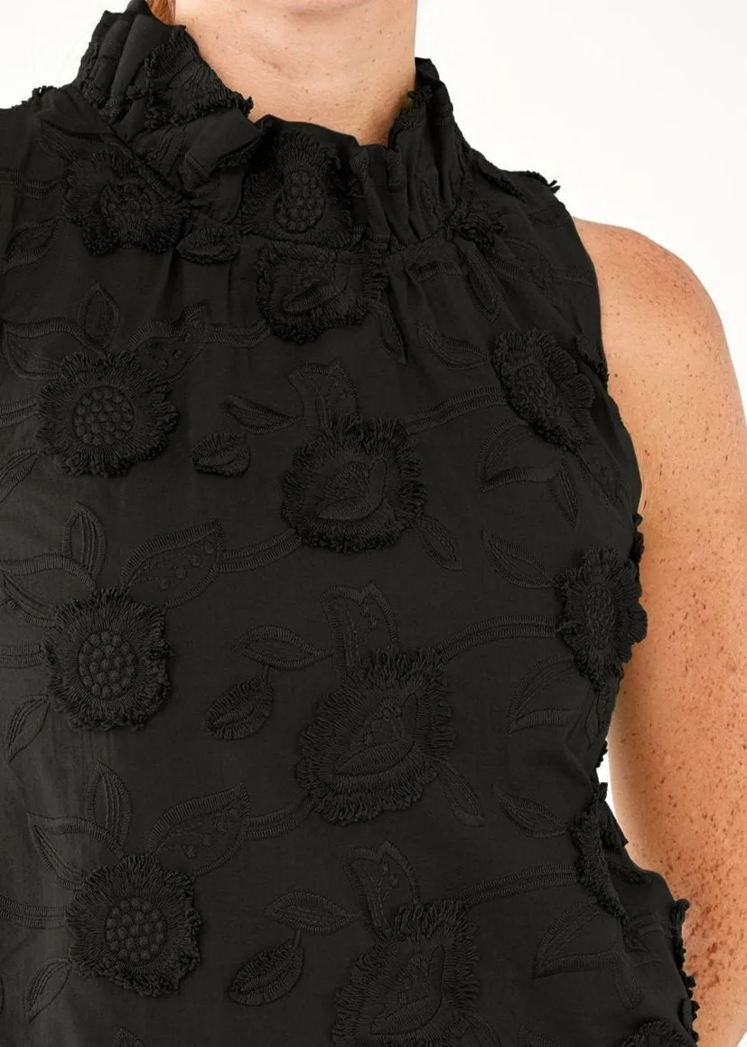 Barbara Black Ruffle Neck Top 3-D Floral sold by Abbey Glass product image thumbnail 2