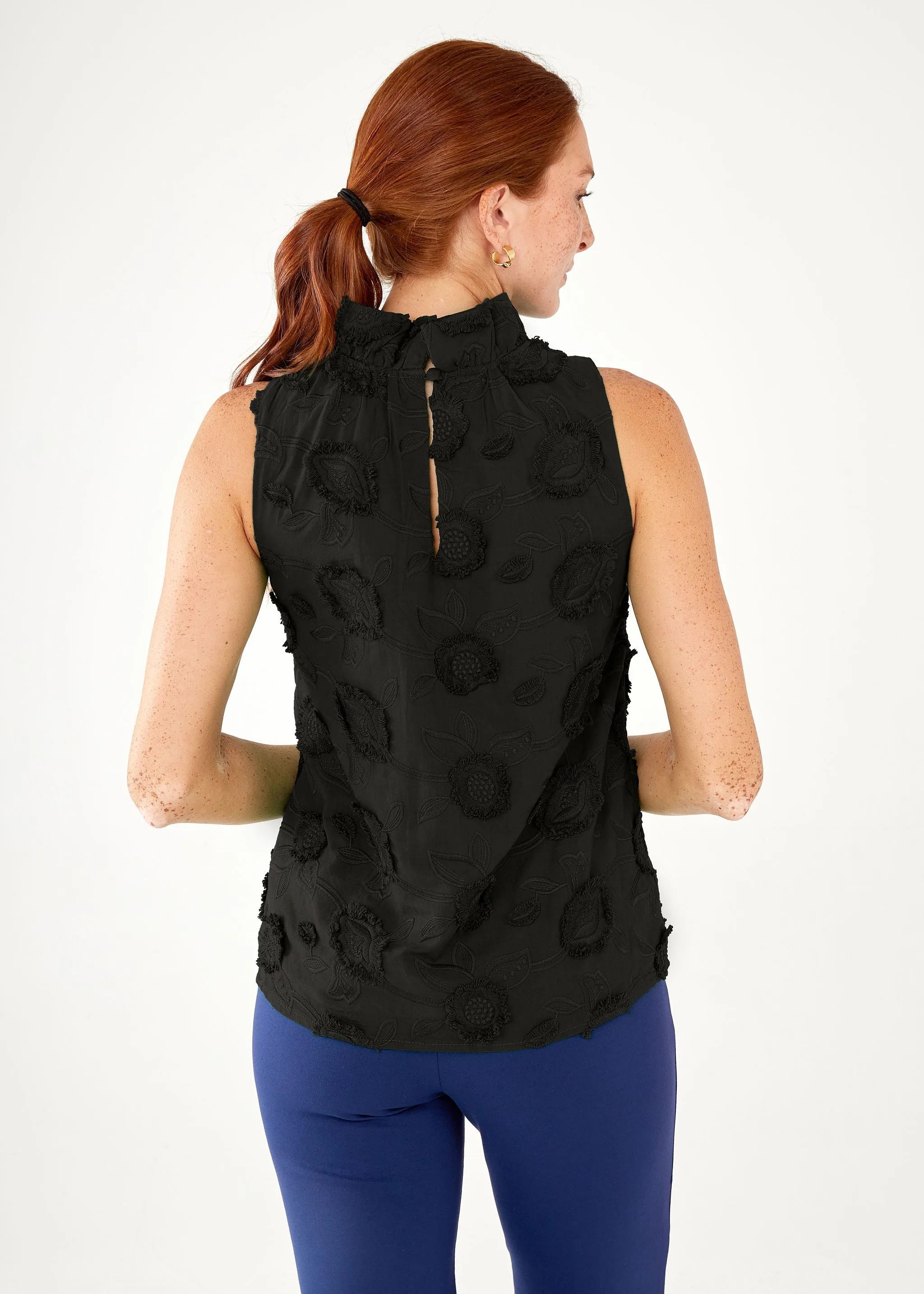 Barbara Black Ruffle Neck Top 3-D Floral sold by Abbey Glass product image thumbnail 3