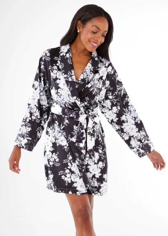 Bridget Robe Short Black and White Rose Chintz Satin sold by Abbey Glass