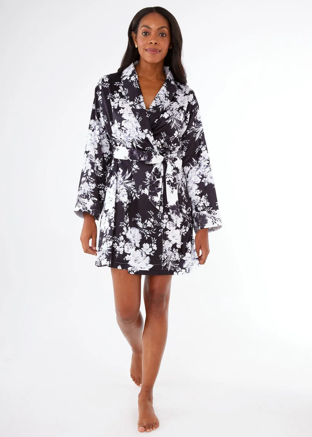 Bridget Robe Short Black and White Rose Chintz Satin sold by Abbey Glass product image thumbnail 3